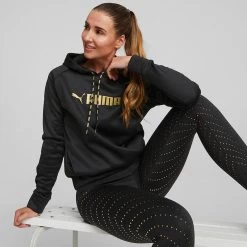 Puma Women's Power Fleece Training Hoodie Black / Metallic Gold -Sporty Life Shop 522184 51 mod01